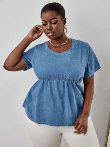 unicolor Babydoll Top en mezclilla - Azul lavado medio - Ver 6