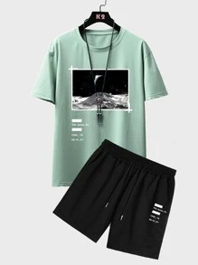 Manfinity Homme Men Letter & Picture Print Drop Shoulder Tee & Drawstring Waist Shorts - Multicolor - View 1