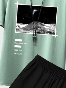 Manfinity Homme Men Letter & Picture Print Drop Shoulder Tee & Drawstring Waist Shorts - Multicolor - View 3