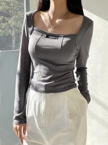 DAZY Áo thun cổ vuông tay dài có họa tiết chữ, quần áo nữ mùa thu - Màu xám đen - Xem 8