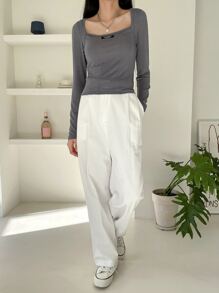 DAZY Áo thun cổ vuông tay dài có họa tiết chữ, quần áo nữ mùa thu - Màu xám đen - Xem 6