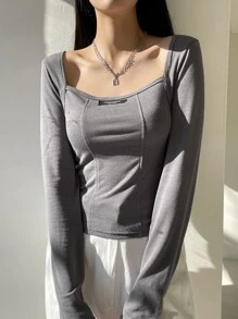 DAZY Áo thun cổ vuông tay dài có họa tiết chữ, quần áo nữ mùa thu - Màu xám đen - Xem 5