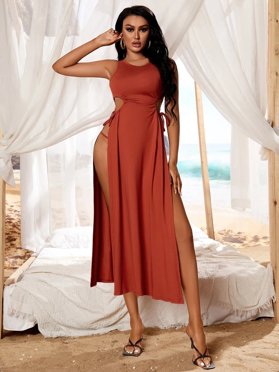 SHEIN SXY Đầm Thắt nút Tách cao màu trơn Gợi cảm - Màu Cam cháy - Xem 1