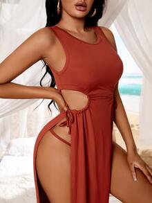 SHEIN SXY Đầm Thắt nút Tách cao màu trơn Gợi cảm - Màu Cam cháy - Xem 3