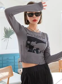 DAZY Letter & Graphic Stitch Trim Tee - Grey - View 1