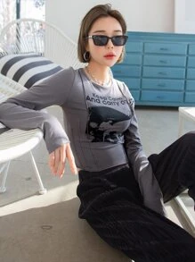 DAZY Letter & Graphic Stitch Trim Tee - Grey - View 3