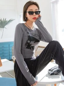 DAZY Letter & Graphic Stitch Trim Tee - Grey - View 5