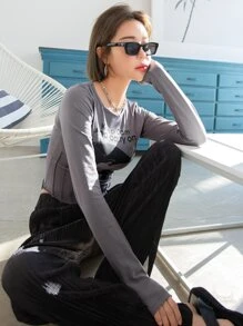 DAZY Letter & Graphic Stitch Trim Tee - Grey - View 9