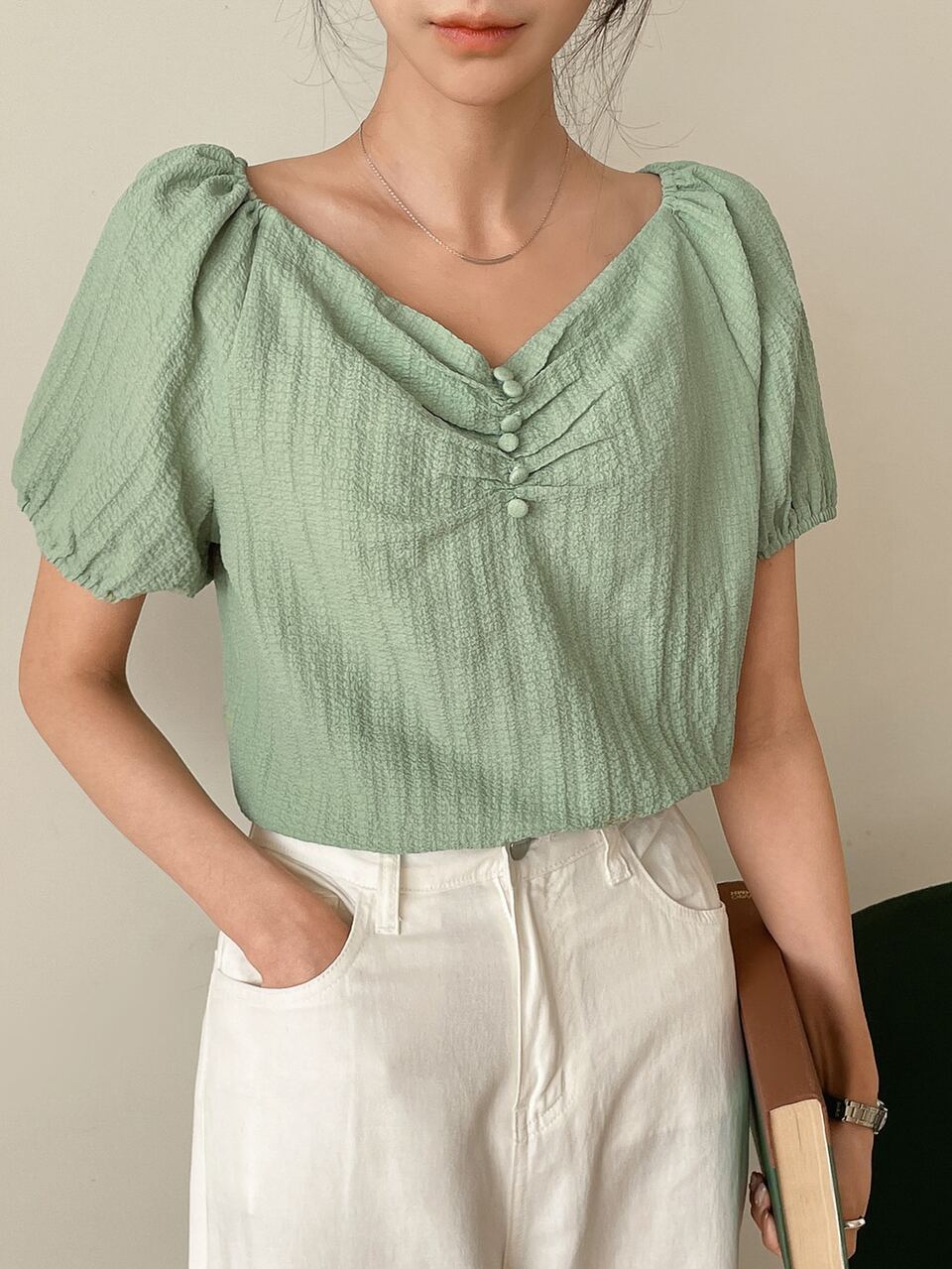 Ruched Fake Button Front Sweetheart Neck Textured Blouse