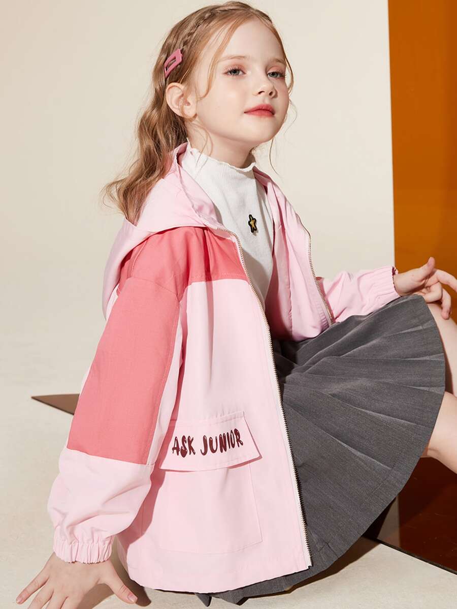女孩字母圖案雙色落肩袖連帽外套 - 淺粉色 - 查看 1