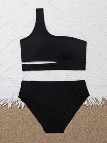 SHEIN Tween Girl Plain Cut-Out Bikini Set Summer Beach - Black - View 3