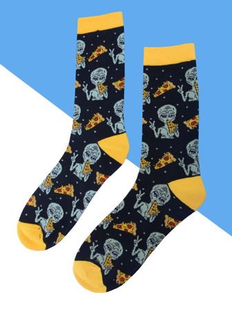 Calze girocollo da uomo con stampe di alieni e pizza