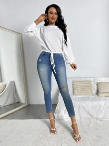 SHEIN Privé Áo thun nữ Dây kéo màu trơn Giải trí - trắng - Xem 3