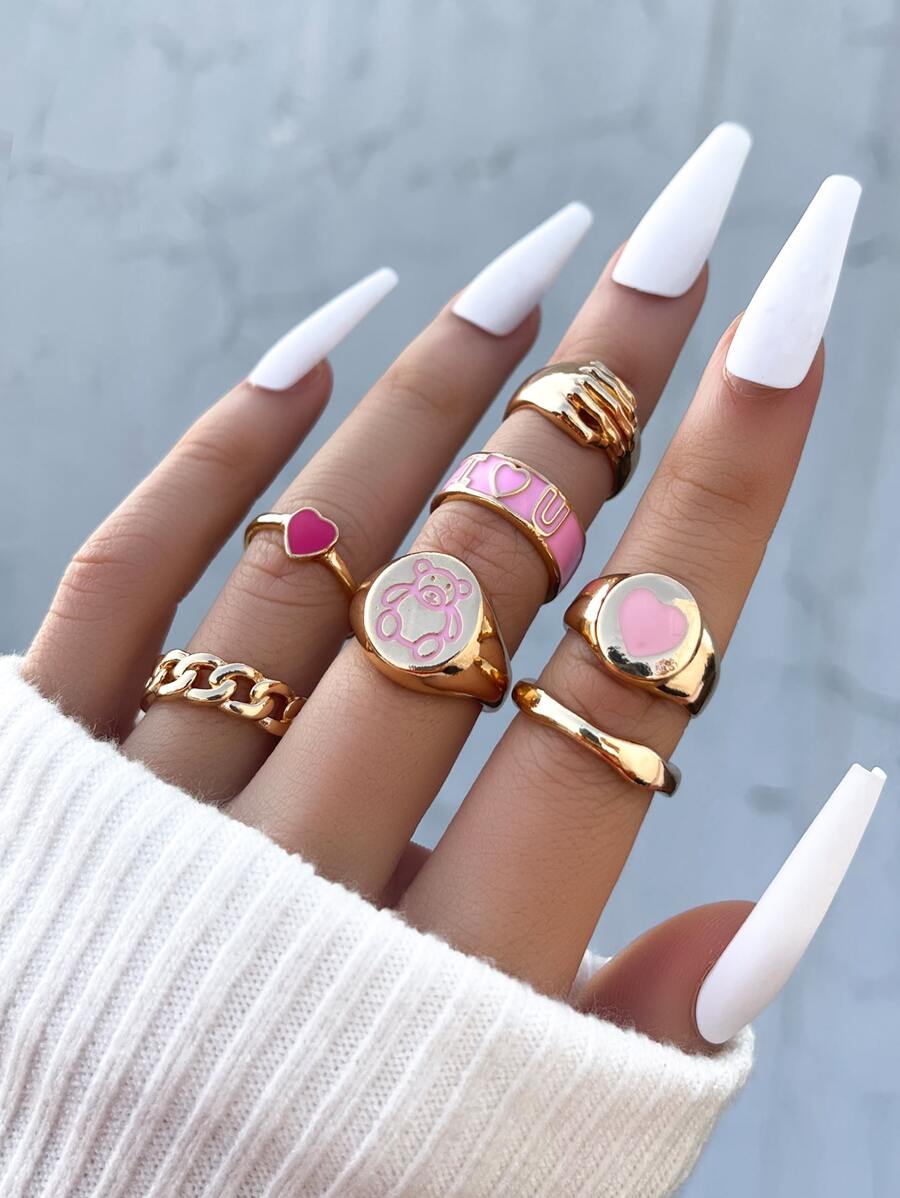 7 piezas Anillo con adorno de corazón - Amarillo Oro - Ver 1