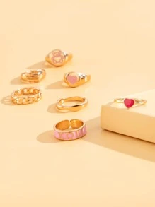 7 piezas Anillo con adorno de corazón - Amarillo Oro - Ver 3