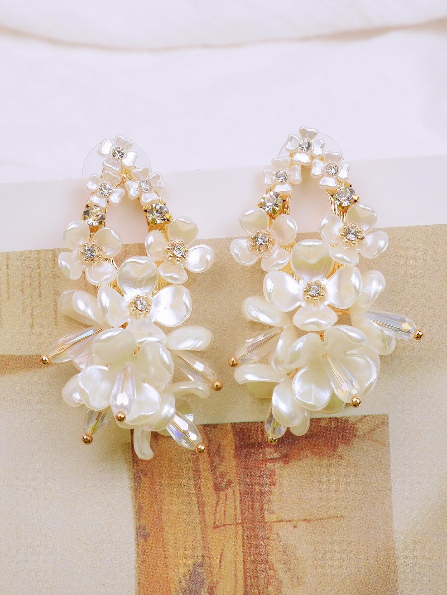 Faux Pearl Flower Decor Drop Earrings - Beige - View 1