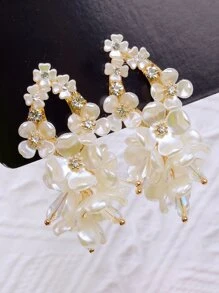 Faux Pearl Flower Decor Drop Earrings - Beige - View 4