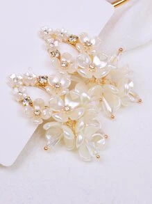 Faux Pearl Flower Decor Drop Earrings - Beige - View 6
