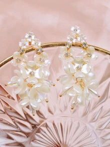 Faux Pearl Flower Decor Drop Earrings - Beige - View 7