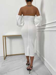 SHEIN Privé Puff Sleeve Ruched Dress - White - View 2