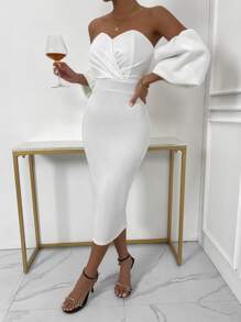 SHEIN Privé Puff Sleeve Ruched Dress - White - View 4