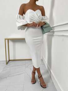 SHEIN Privé Puff Sleeve Ruched Dress - White - View 5