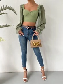 荷葉袖雞心領口後拉鏈短款上衣 - 橄欖綠 - 查看 5