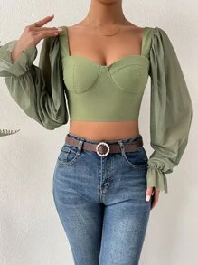 荷葉袖雞心領口後拉鏈短款上衣 - 橄欖綠 - 查看 6