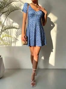 SHEIN VCAY Ditsy Floral A Line Dress - Blue - View 4