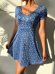SHEIN VCAY Ditsy Floral A Line Dress - Blue - View 5