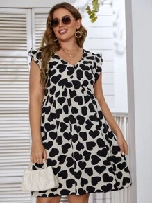 SHEIN LUNE Đầm Plus Size Xù Tim Tất cả trên in Giải trí - Đen và trắng - Xem 1