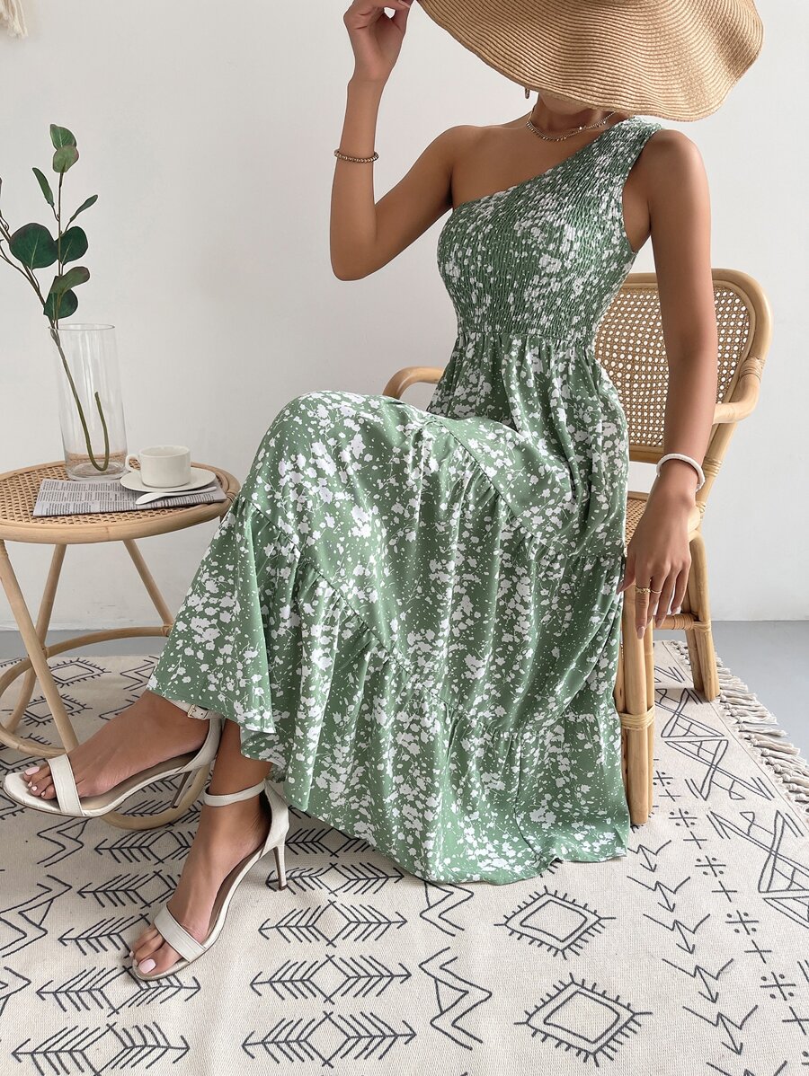 Vestido floral con fruncido de un hombro bajo con fruncido - Verde - Ver 1