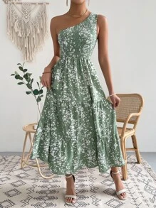 Vestido floral con fruncido de un hombro bajo con fruncido - Verde - Ver 5
