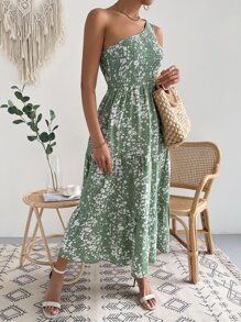 Vestido floral con fruncido de un hombro bajo con fruncido - Verde - Ver 6