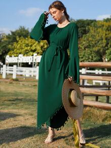 Al Najma 荷葉袖流蘇邊繫腰帶連衣裙