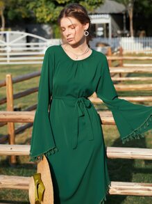 Al Najma 荷葉袖流蘇邊繫腰帶連衣裙