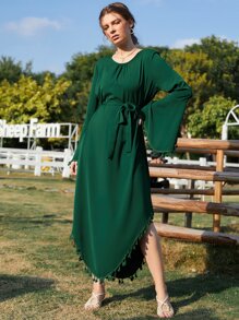 Al Najma 荷葉袖流蘇邊繫腰帶連衣裙