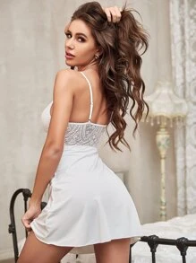 蕾絲花邊緊身上衣吊帶睡裙 - 白色 - 查看 2