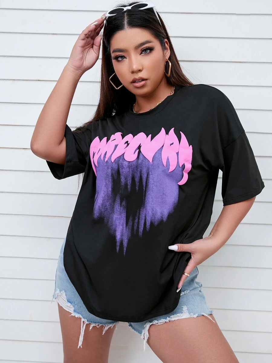 Flirla Plus Size Letter Graphic Drop Shoulder Tee - Black - View 1