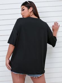 Flirla Plus Size Letter Graphic Drop Shoulder Tee - Black - View 2