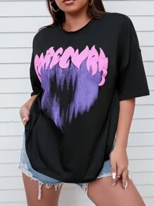 Flirla Plus Size Letter Graphic Drop Shoulder Tee - Black - View 4