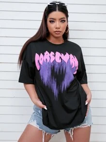 Flirla Plus Size Letter Graphic Drop Shoulder Tee - Black - View 5