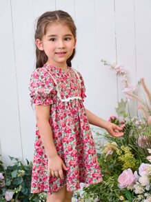 SHEIN 小女童印花泡泡袖蝴蝶結細節洋裝