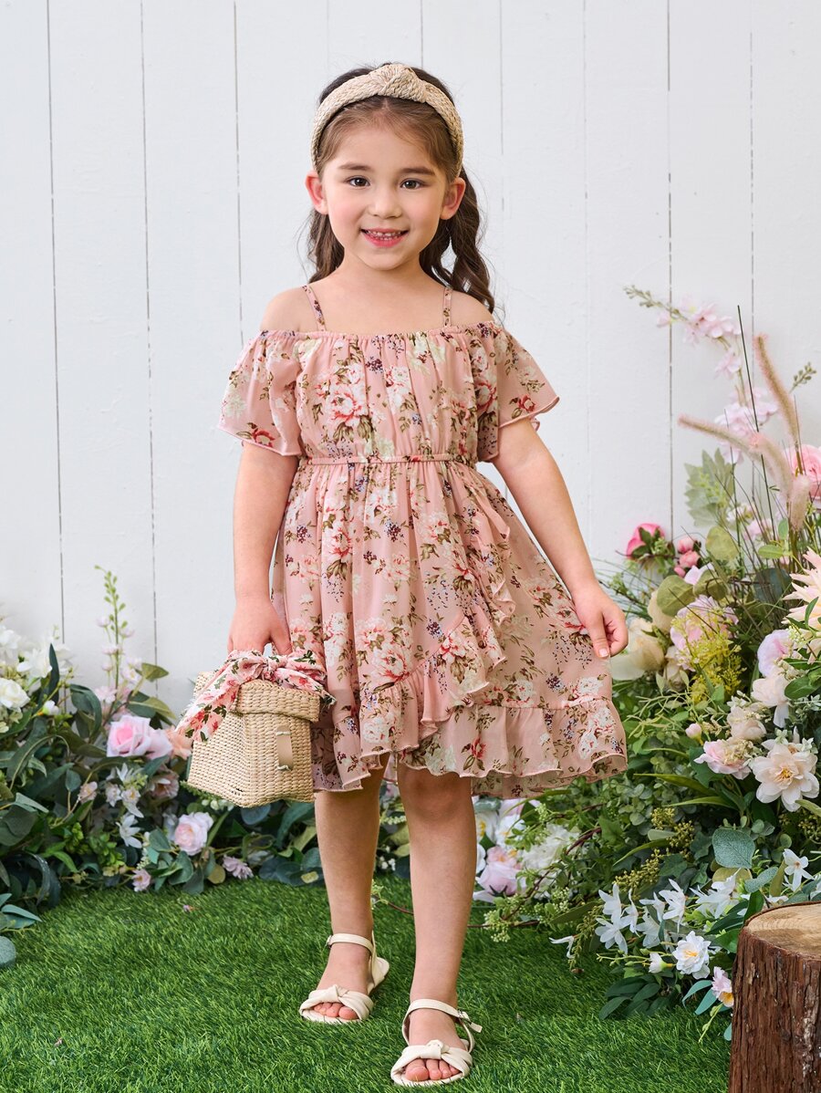 SHEIN Young Girl Floral Print Cold Shoulder Ruffle Trim Wrap Dress,Holiday,Summer,Travel - Dusty Pink - View 1