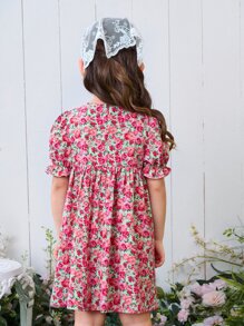 SHEIN 小女童印花泡泡袖蝴蝶結細節洋裝