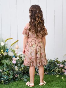 SHEIN Young Girl Floral Print Cold Shoulder Ruffle Trim Wrap Dress,Holiday,Summer,Travel - Dusty Pink - View 2