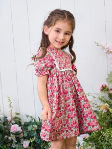 SHEIN 小女童印花泡泡袖蝴蝶結細節洋裝