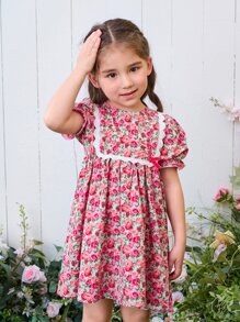 SHEIN 小女童印花泡泡袖蝴蝶結細節洋裝