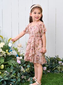 SHEIN Young Girl Floral Print Cold Shoulder Ruffle Trim Wrap Dress,Holiday,Summer,Travel - Dusty Pink - View 3