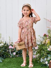 SHEIN Young Girl Floral Print Cold Shoulder Ruffle Trim Wrap Dress,Holiday,Summer,Travel - Dusty Pink - View 5